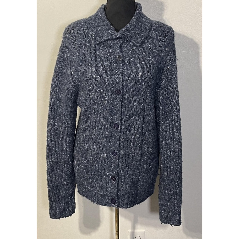 L.L. Bean Sweater Cardigan Womens Medium Blue Wool Collared Button Front Knit